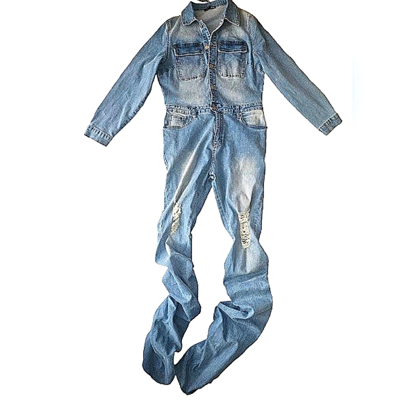 Fashion Nova Blue Denim Jumpsuit L Tall - Picture 8 of 9